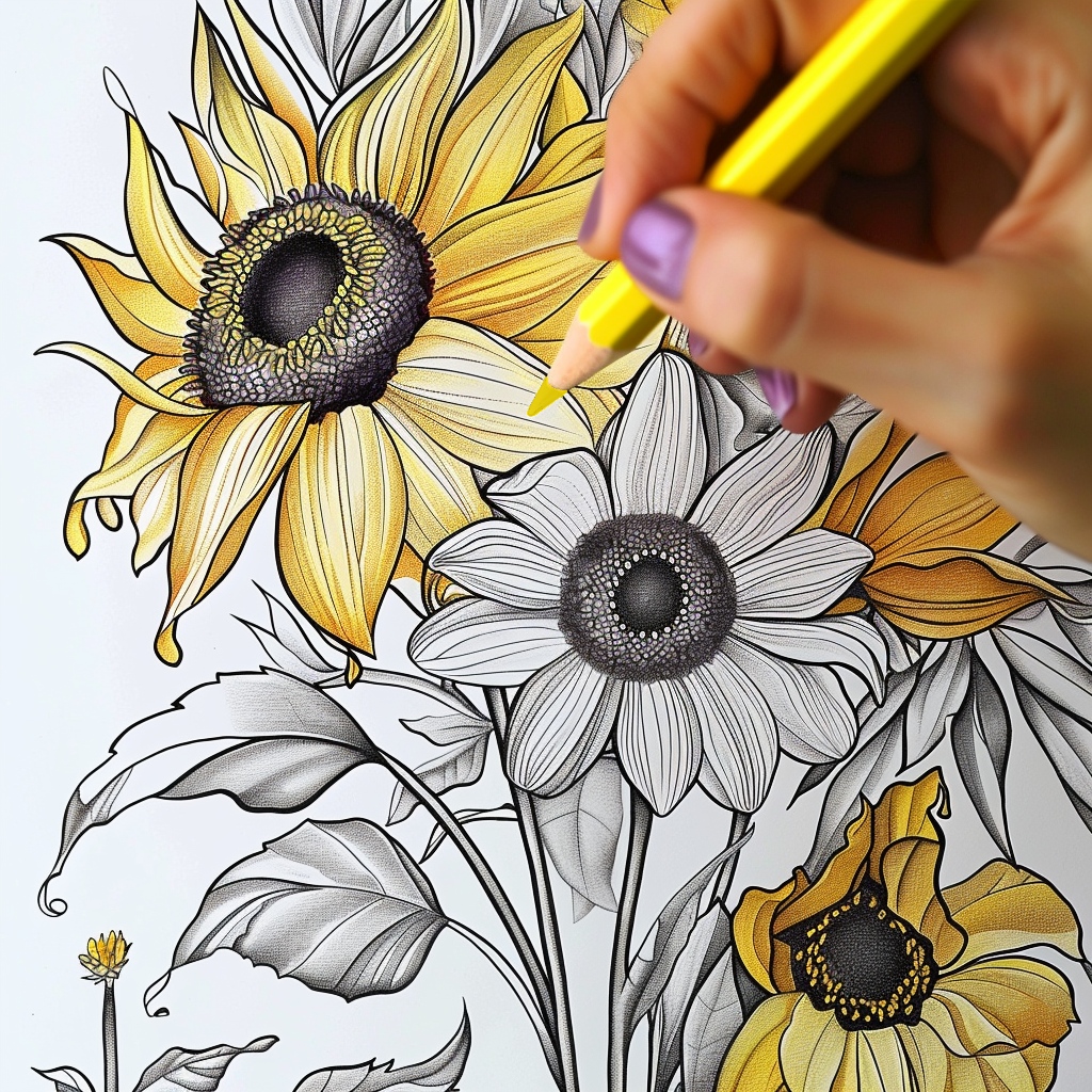 Woman coloring a sunflower coloring page with a yellow colored pencil.