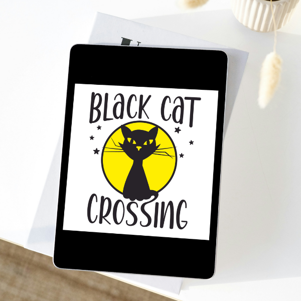 Black Cat Crossing SVG file showing on a tablet screen